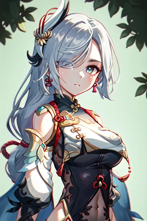 <lora:Shenhe_Hard:1> upper body portrait, masterpiece, best quality, sharp focus, shenhe \(genshin impact\), 1girl, solo, breasts, bodysuit, tassel, gloves, bangs, braid, outdoors, jewelry, earrings, sky, breast curtain, long hair, hair over one eye, covered navel, blue eyes, looking at viewer, hair ornament, large breasts, shoulder cutout, clothing cutout, very long hair, hip vent, braided ponytail, partially fingerless gloves, black bodysuit, tassel earrings, black gloves, gold trim, (white hair:1.2) <lora:LuisapNijijourney_v1:0.6>