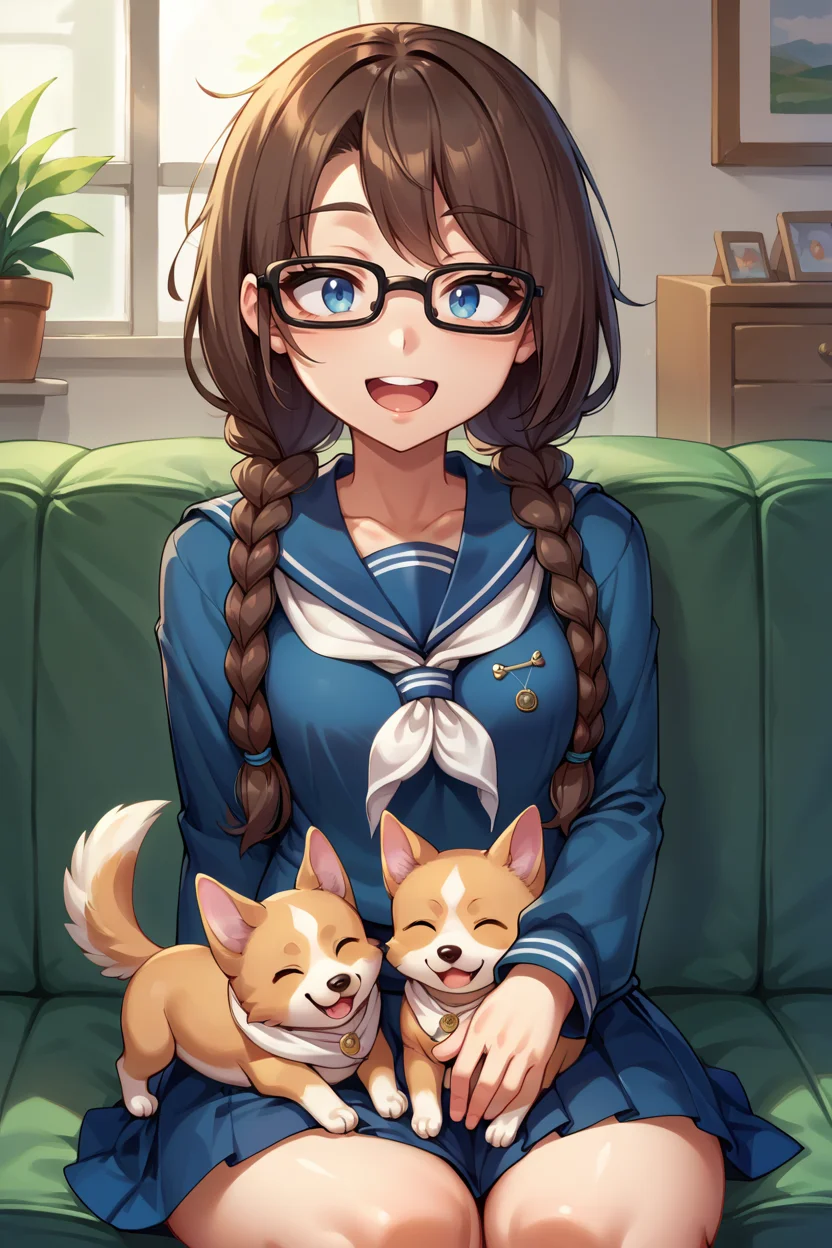 score_9, score_8_up, score_7_up, score_6_up, source_anime BREAK 1girl, girl and dog, <lora:yoshidasaki-pdxl-nvwls-v1-000006:1> defSaki, blue eyes, twin braids, hair over shoulders, glasses, navy blue shirt, serafuku, white neckkerchief, long sleeves, pleated skirt, happy, open mouth, puppy, sitting, couch, closed eyes