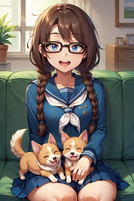 score_9, score_8_up, score_7_up, score_6_up, source_anime BREAK 1girl, girl and dog, <lora:yoshidasaki-pdxl-nvwls-v1-000006:1> defSaki, blue eyes, twin braids, hair over shoulders, glasses, navy blue shirt, serafuku, white neckkerchief, long sleeves, pleated skirt, happy, open mouth, puppy, sitting, couch, closed eyes