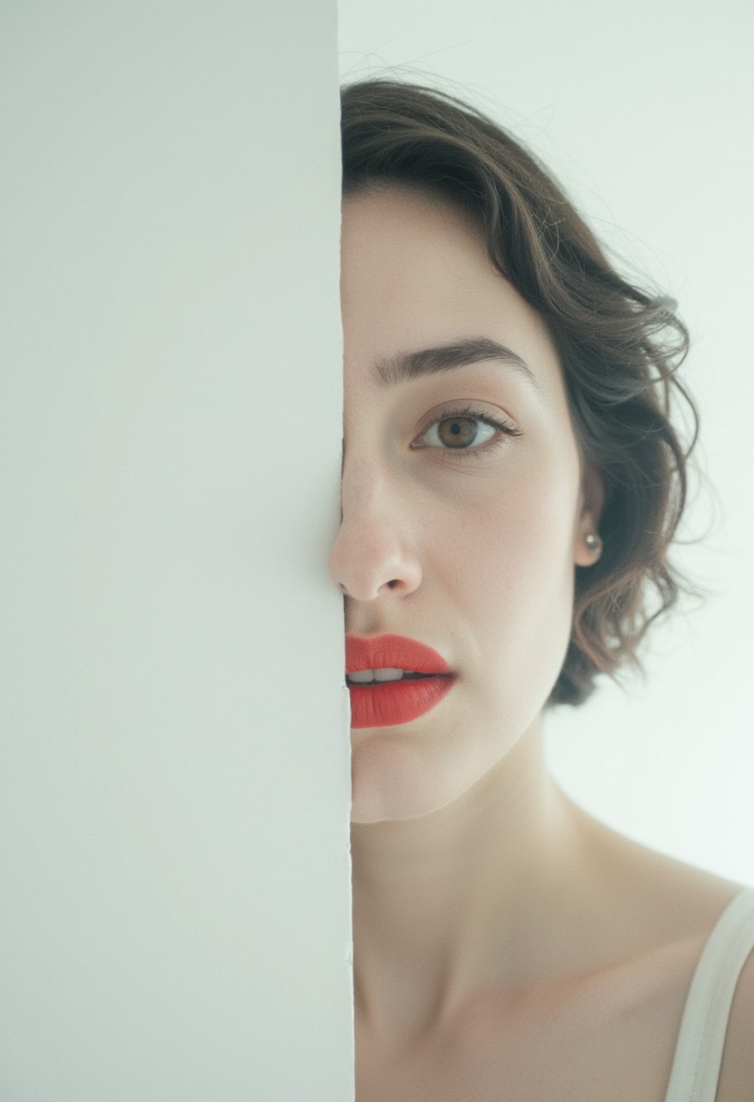 A captivating minimalist portrait of a shy and alluring woman. The left half of her face is visible, with her delicate features seamlessly merging into a blank canvas of white. Her soft, bright red lips contrast against the monochromatic background, drawing the viewer's attention. Her eyes hold a subtle, mysterious expression that exudes both haunting and enchanting vibes. The simplicity of the composition, with its stark contrast, evokes a sense of ethereal beauty. cinematic_1940s cinematic_octane