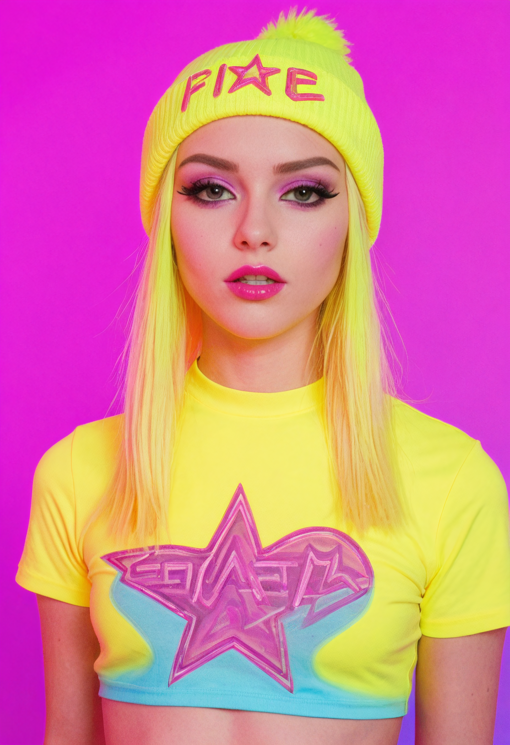 fire, teeth, star (symbol), spoken heart, 
full torso photo of a cute girl, solo, small neon color beads in hair, colorful hair accessories, confident pose, layered neon color streetwear outfit, (crop top tshirt:1.2), neon color hairstyle, high-fashion portrait, avant-garde look, 1girl, very pale skin, platinum blonde hair, asymmetrical haircut, dramatic bangs obscuring eyes, edgy beauty, slender petite build, long straight (neon color hair), black eyeliner, heavy mascara, bold neon color lips, (neon color beanie), mysterious aesthetic, 
fashion editorial lighting, vibrant tone lighting, fashion photography style, edgy aesthetic, modern alt look, high detail, cinematic sharpness, 
solid neon color background,
high detail, high resolution, high-resolution fashion editorial, expressive lighting, vibrant colors, creative composition
 <lora:dmd2-sdxl-4step:1> <lora:sm0k-000006:1> <lora:neoncolors2:0.6>