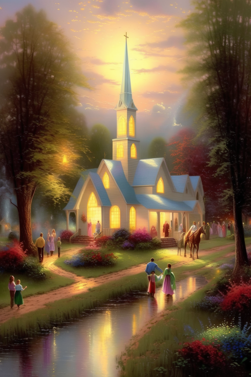 <lora:Thomas Kinkade Style:1>Thomas Kinkade Style - Thomas kinkade style painting church countryside family majesty light serving Jesus
