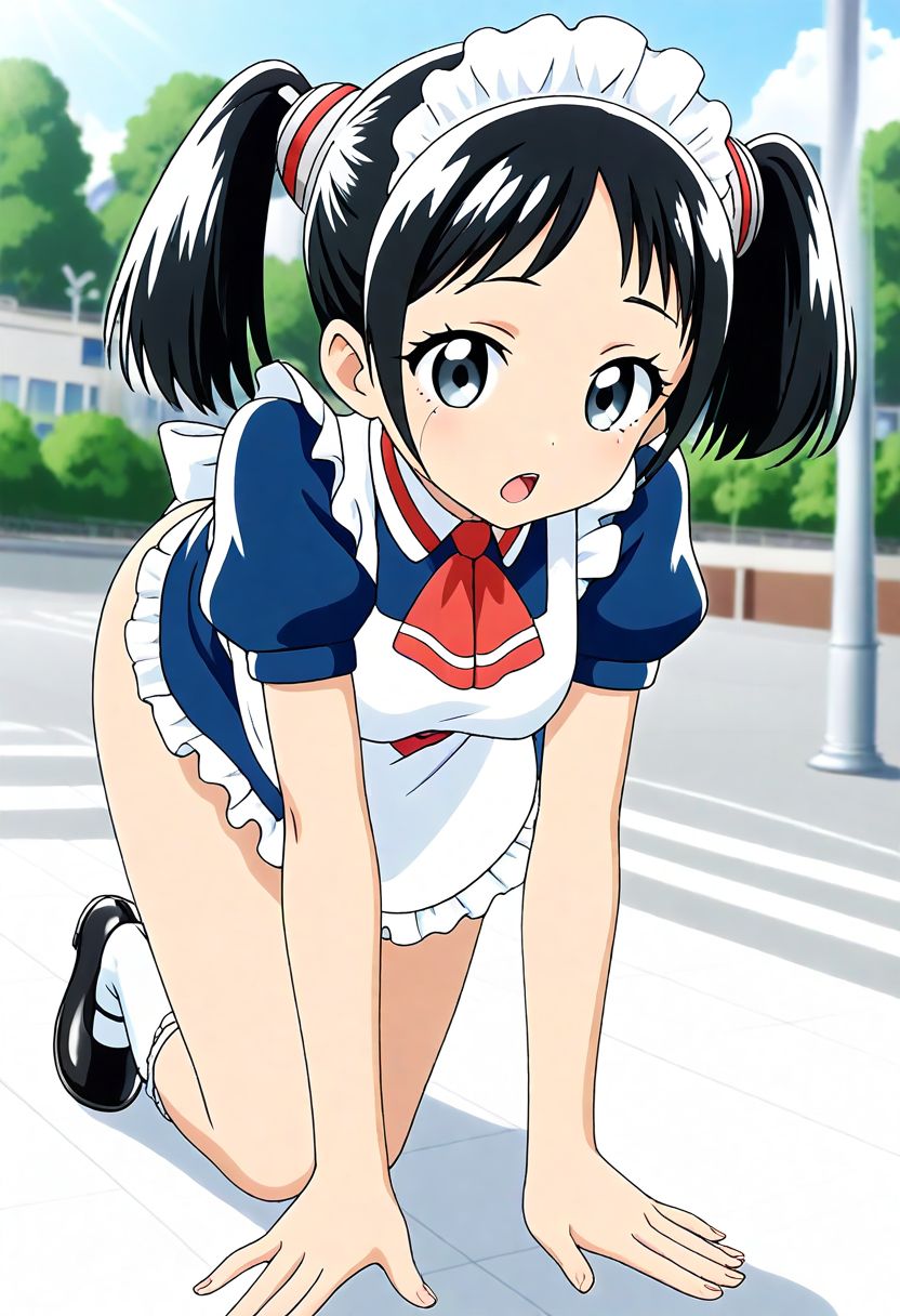 <lora:Hyper-SDXL-8steps-lora:1><lora:Fixhands_anime_bdsqlsz_V1:1> zPDXL2, score_9, score_8_up, score_7_up, source_anime, intricate details, perfect anatomy BREAK
1girl, skinny, mar-kthroboco, bob cut, grey eyes, mar-kthroboco outfit,
black hair, short twintails, maid headdress,red neckerchief, maid, maid apron, white socks, black shoes,
dutch angle, all fours, Neutral, A relaxed facial expression with a slightly open mouth.,
outdoors, city, tokyo, japan,
<lora:mar-roboco-dx_XL(pony)v10:0.9>