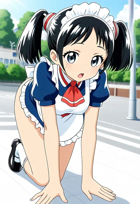 <lora:Hyper-SDXL-8steps-lora:1><lora:Fixhands_anime_bdsqlsz_V1:1> zPDXL2, score_9, score_8_up, score_7_up, source_anime, intricate details, perfect anatomy BREAK
1girl, skinny, mar-kthroboco, bob cut, grey eyes, mar-kthroboco outfit,
black hair, short twintails, maid headdress,red neckerchief, maid, maid apron, white socks, black shoes,
dutch angle, all fours, Neutral, A relaxed facial expression with a slightly open mouth.,
outdoors, city, tokyo, japan,
<lora:mar-roboco-dx_XL(pony)v10:0.9>