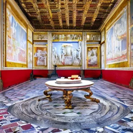 (masterpiece:1.2), (best quality,:1.2), 8k, HDR, ultra detailed, ((photorealistic)), professional light, cinematic lighting, fashion photography, ambient lighting, face lighting, <lora:detail_slider_v4:1>, Fantasy picture, OverallDetail, large ancient room with a marble table, and with a statue on the floor in the middle, RomInt, <lora:RomanInterior-10:1>, epiCPhoto