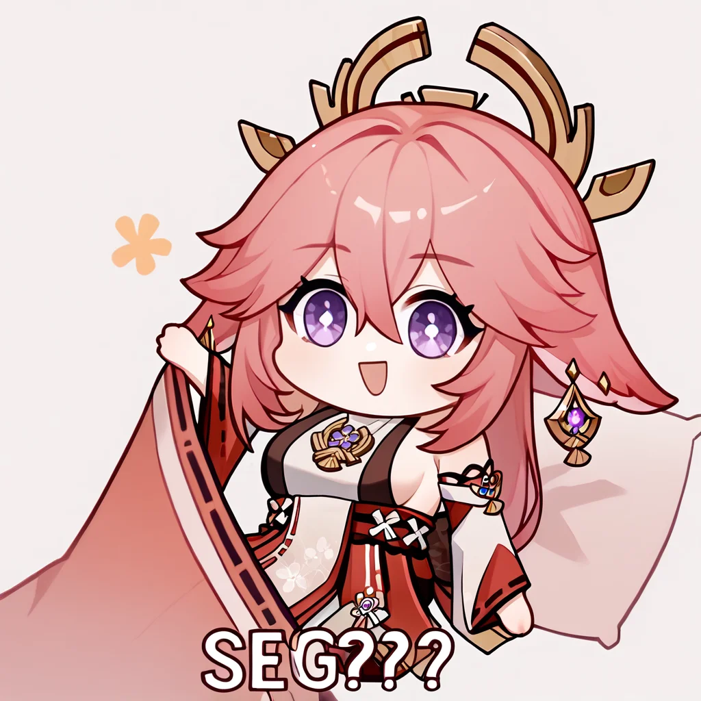 score_9, score_8_up, score_7_up, Seggs, chibi, open mouth, smile, english text, solo, 1girl, yae miko, genshin impact, pink hair, hair ornament, japanese clothes, sideboob <lora:Seggs_XLPD:1>