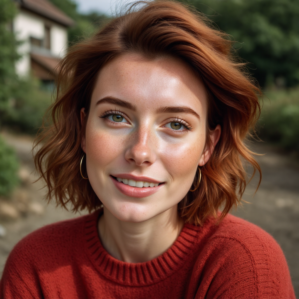 Professional photography, sunlight, 35mm film, sharp lens, shot from a low angle, closeup photo of a young woman wearing a red wool textured sweater with short red hair in London garden, side profile, candid smile, warmth in her expressive eyes, her green eyes catch the light in an appealing manner. The photo is a production still for a movie, the focus is sharp. Daytime spring garden, dirt obscuring the ground. Professional lighting and color grading for a clean sharp film look. Her face is evenly lit showing light freckles and natural skin imperfections and visible skin pores.