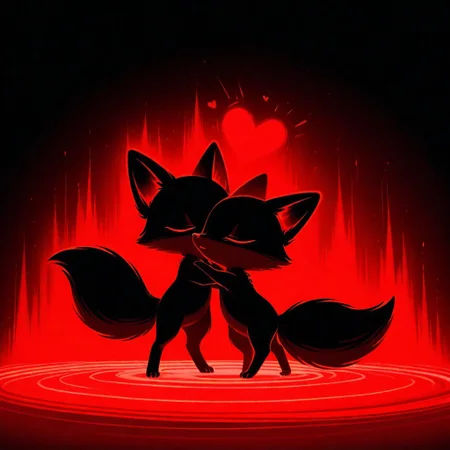 masterpiece, best quality, good quality, very awa, very aesthetic, absurdres, newest, 
BREAK, two feral foxes, cute female foxes, duo, glowing red heart, cute, adorable, fluffy fox tail, noes to noes, noes kiss, 
BREAK, abstract background, dark red background, pink background, haiz_ai, no lineart, no outline, mad-nksktch