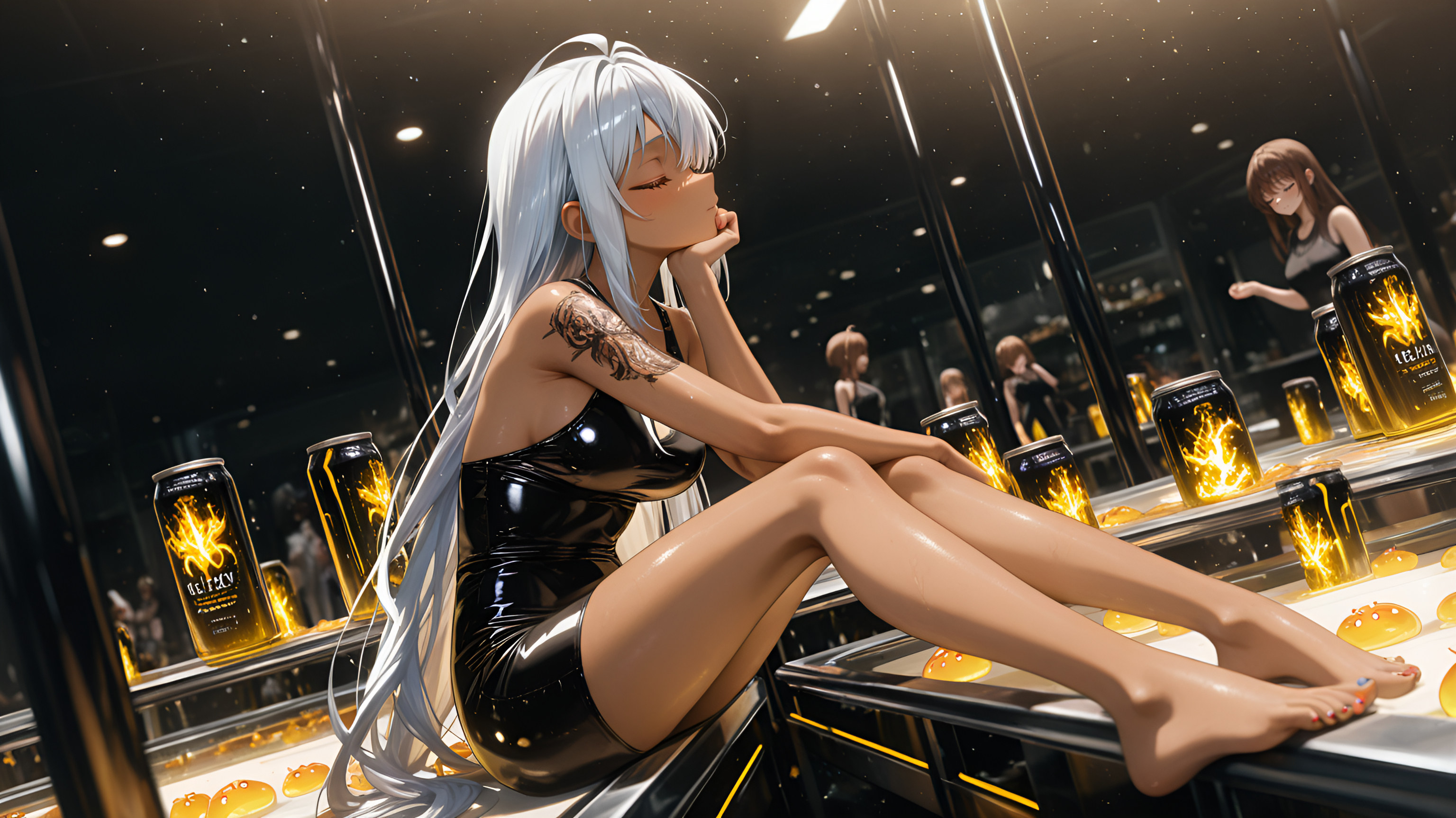 barefoot, very aesthetic, medium breasts, glowing elements, tray return conveyor belt starts moving on its own., motion_blur:1.1, miniature world, cute slime, masterpiece, ray_tracing, depth of field, HDR, 1girl, Yui Kanakura (Nisekoi), best quality, anime character, ambient occlusion, 8K, sagging breasts, Food court seating area, hand_under_chin, angel, Pin-straight, long hair, blurry foreground, sadness, covered in tattoos, Eyes closed (Can imply serenity, tan skin, absurdres, empty tables, Sunny/Clear, closed stalls, group, ultra-detailed, motion_lines:1.1, pleasure), newest, Dynamic angle, Vibrant Theme, absolutely eye-catching, amazing quality, sitting, Dragon Knight, nail_polish, Little black dress with side cutouts and a low back., Silver hair, slime_(creature), pain