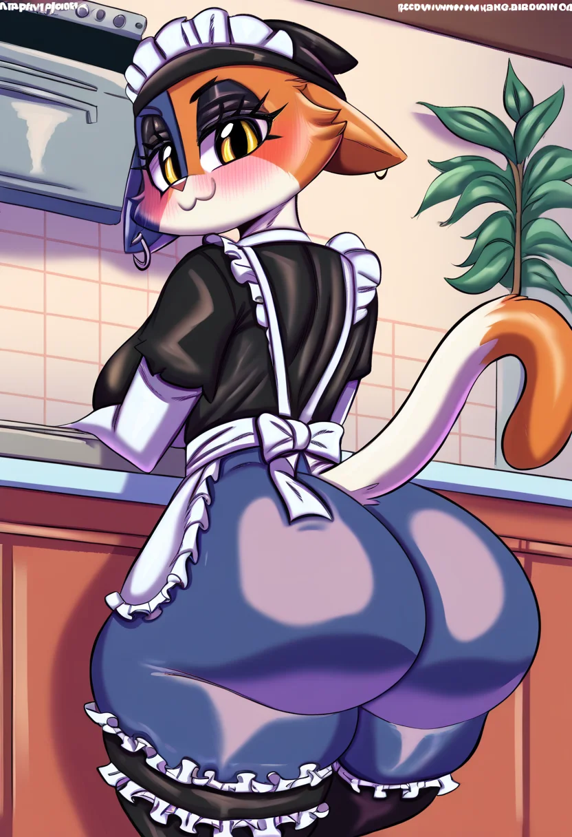 best quality, amazing quality,  1girl, looking at viewer, BREAK masterpiece,  totodraw,   <lora:TotoDraw-05:1>,  furry female,wet, blush, maid, sexy maid outfit, indoor, kitchen, plant in the pot,  diner, smug, visible butt,  meowskulls, <lora:Meowskulls:1>