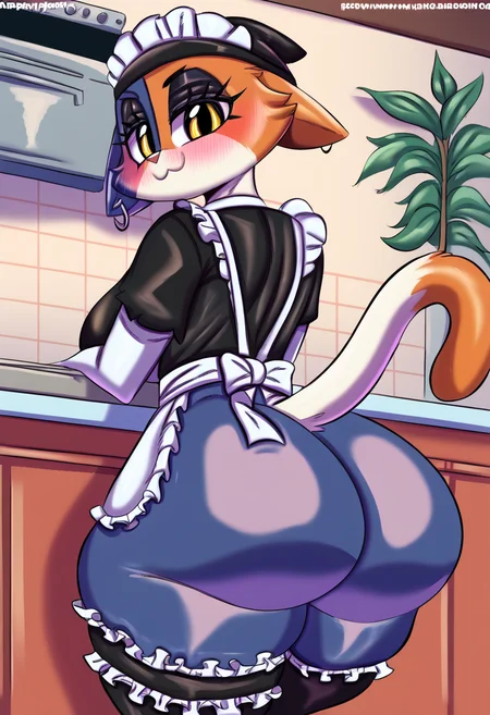 best quality, amazing quality,  1girl, looking at viewer, BREAK masterpiece,  totodraw,   <lora:TotoDraw-05:1>,  furry female,wet, blush, maid, sexy maid outfit, indoor, kitchen, plant in the pot,  diner, smug, visible butt,  meowskulls, <lora:Meowskulls:1>