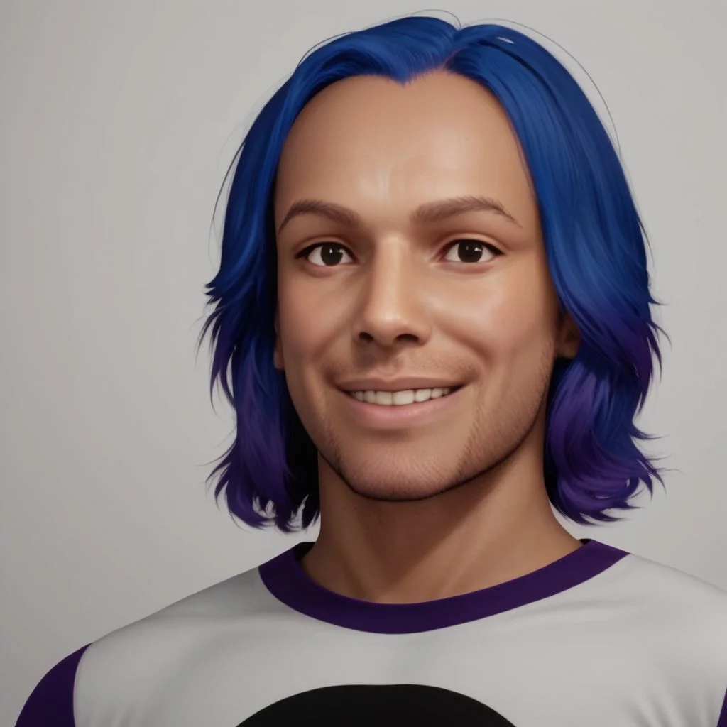 criss metaxvoor, 1boy, solo, male focus, realistic, blue hair, facial hair, grey background, shirt, black eyes, simple background, upper body, smile, stubble, looking at viewer, BREAK DynaPortrait_PDXL, BREAK zPDXL