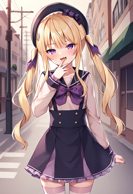 aria_tsukushi, long hair, blonde hair, twintails, purple eyes, small breasts, serafuku, sailor collar, high-waist skirt, purple bow, beret, stripped thighhighs, BREAK outdoors,city street, night BREAK sexy pose, looking at viewer, smug, mesugaki, open mouth, hand near mouth, cowboy shot, dynamic pose, BREAK score_9, score_8_up, score_7_up, source_anime ,zPDXL, perfect hand, <lora:Aria:0.8>,
