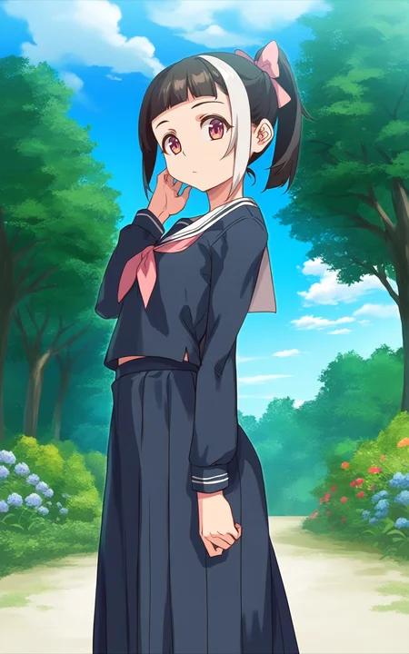 masterpiece:1.2, detailed, 1girl, solo, uenochiaki, bangs, black hair, bow, ponytail, hair bow, multicolored hair, blunt bangs, two-tone hair, white hair, pink eyes, school uniform, serafuku, skirt, long skirt, standing, (cowboy shot), outdoors, day, sky, cloud, garden, tree, flower, scenery, beautiful background, looking at viewer, <lora:uenochiaki:1>