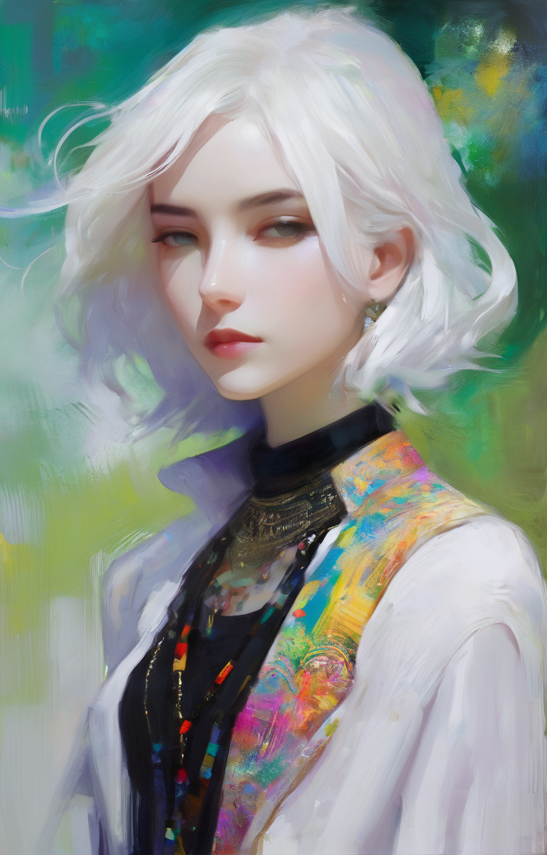 (Style by NTY:1.4), a woman, black shirt, white hair, intricate, colorful, <lora:OilPaint:0.7>