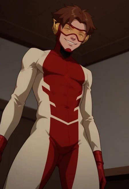 score_9, score_8_up, score_7_up, highly detailed, cute boy, 1boy, solo, Impulseyj, red framed goggles yellow lenz, red and white bodysuit, brown hair, smug smile, from below, looking down at viewer,
