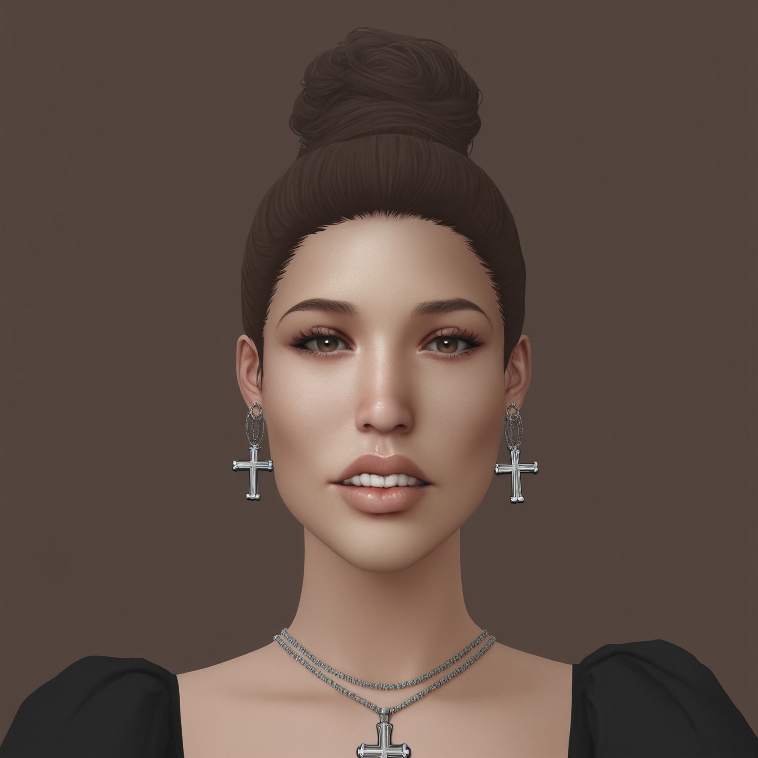 absurdres, masterpiece, best quality,  Vdiff1_dskfll, 1girl, jewelry, solo, necklace, earrings, brown hair, lips, realistic, hair bun, cross, looking at viewer, single hair bun, brown background, teeth, simple background, portrait, dress