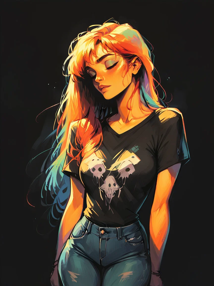 score_9, score_8_up, score_7_up, score_6_up, score_5_up, <lora:bp4rtXLP:1> bp4rt, black background, 1girl, curvy, jeans, t-shirt, colorful