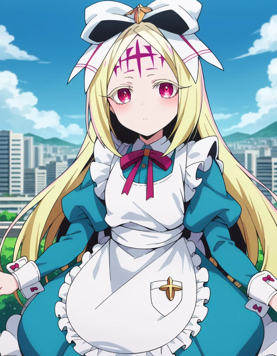score_9, score_8_up, score_7_up, source_anime,
morinokorisu, <lora:morino-korisu-ponyxl-lora-nochekaiser:1>
nero alice, long hair, blonde hair, red eyes, bow, hair bow, pink eyes, facial mark, forehead mark,
long sleeves, dress, ribbon, apron, white apron, puffy sleeves,
outdoors, cityscape,
looking at viewer, dutch angle, cowboy shot