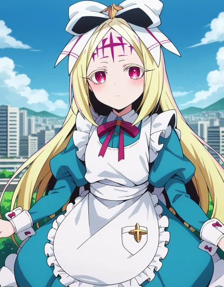 score_9, score_8_up, score_7_up, source_anime,
morinokorisu, <lora:morino-korisu-ponyxl-lora-nochekaiser:1>
nero alice, long hair, blonde hair, red eyes, bow, hair bow, pink eyes, facial mark, forehead mark,
long sleeves, dress, ribbon, apron, white apron, puffy sleeves,
outdoors, cityscape,
looking at viewer, dutch angle, cowboy shot