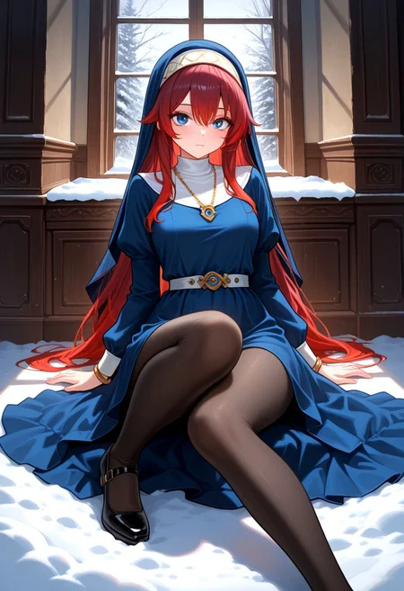 masterpiece, best quality, amazing quality, very aesthetic, absurdres, newest, fayeffl3, 1girl, long blue dress, gold necklace, gold bracelets, blue eyes, white belt, black pump shoes, pantyhose, close up, looking at viewer, (red hair, gradient hair:1.4), holding habit, indoors, window, snow,