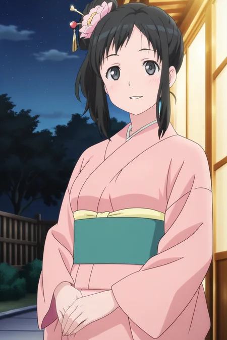 anime screenshot, touno kyouko, 1girl, solo, black hair, long hair, single hair bun, side ponytail, hair flower, hair stick, black eyes, medium breasts, pink kimono, green sash, looking at viewer, smile, parted lips, own hands together, cowboy shot, outdoors, night, masterpiece, best quality, high quality, highres, absurdres, <lora:touno_kyouko_ILXL:0.9>