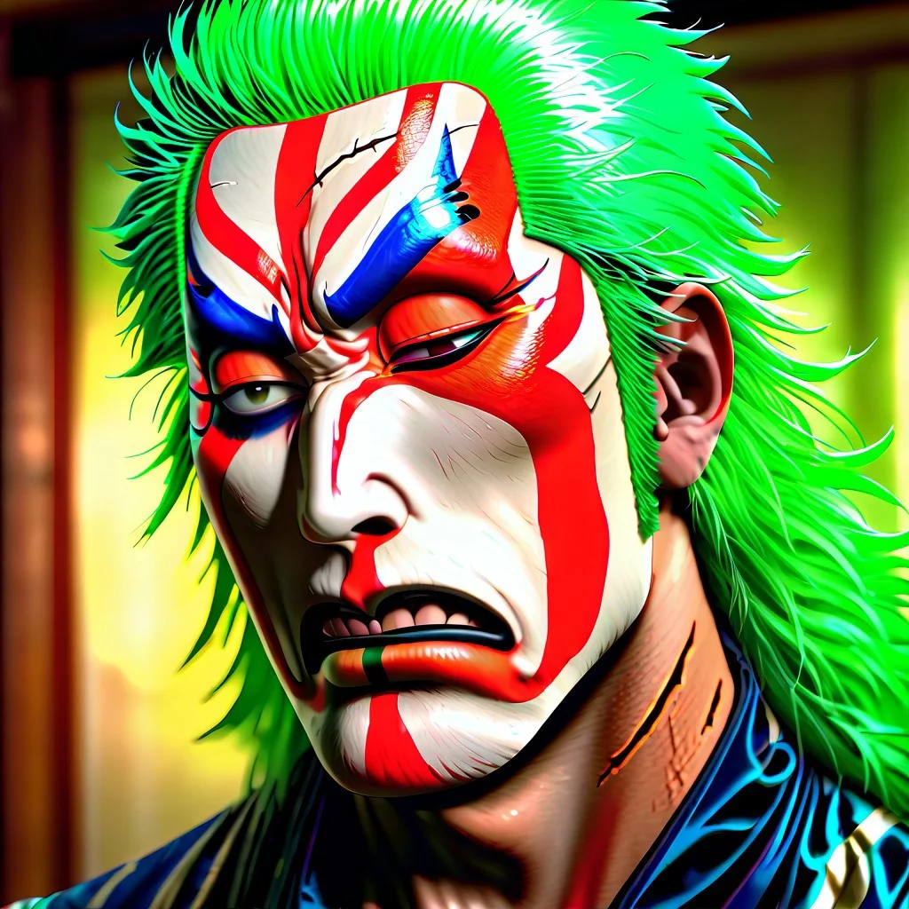 masterpiece, best quality, newest, absurdres, highres, anime, anime style, Kabuki-Makeup-IL.V1.0, makeup, facepaint, 1boy, Zoro /(one piece/), green hair, one closed eye, one eye open, scar over eye,