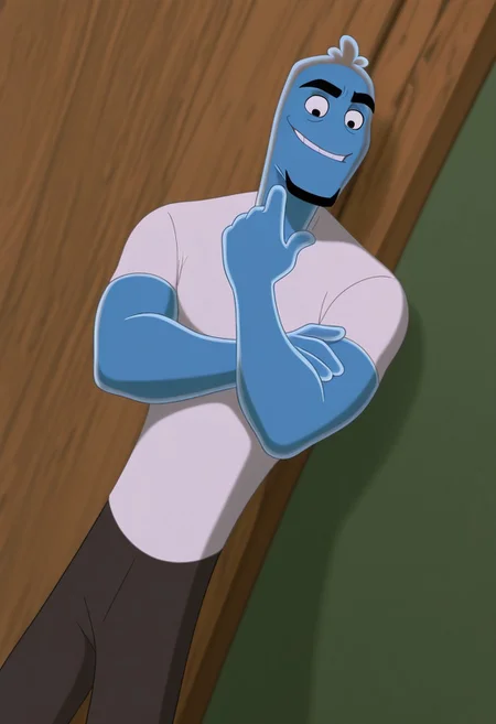 score_9, score_8_up, score_7_up, score_6_up, perfect anatomy, perfect proportions, best quality, masterpiece, high_resolution, high quality, best aesthetic, incredibly absurdres, highres, extremely detailed, huge filesize, solo male, adult, mature, masculine, manly, handsome, charming, alluring, standing, upper body, dutch angle, cowboy shot, perfect face, source_cartoon \(Osmosis Jones\), cartoon coloring \(Osmosis Jones\), Ozzy\(Osmosis Jones\), OJOzzy, short hair, translucent hair, black eyes, black eyebrows cytoplasm skin, blue skin, translucent skin, black facial hair, goatee, OJOzzy_outfit03, white t-shirt, short sleeves, dark gray pants, black shoes,