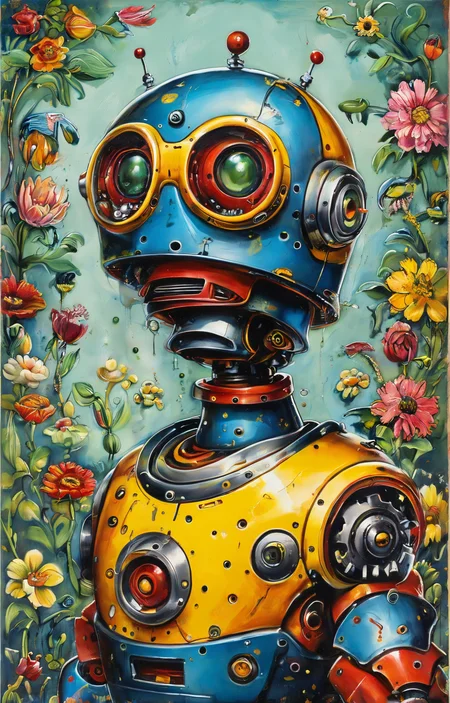 masterpiece,best quality,<lora:tbh271-sdxl:0.9>,illustration,style of Ed Hardy portrait of Housework robots