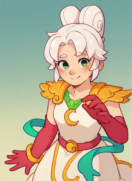 score_9, score_8_up, score_7_up, <lora:lunpiper:1>lunpiper , 1 girl , solo , white hair, doble high ponytail, double bun, green eyes, yellow Shoulder pads ,white dress, dress, red belt , red elbow gloves, yellow bracelet, looking at viewer, <lora:Yagi_the_Goat_Style:1>by s1120411 ,smile, blush,