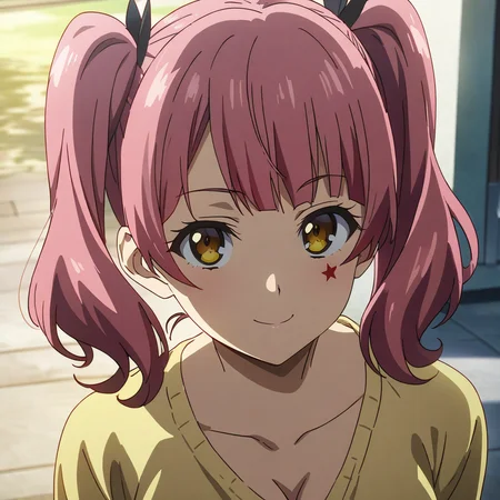 fujinoki_nene, pink hair, brown eyes, large breasts, twintails, red star mark below eye, inner white shirt, yellow sweater, portrait, cleavage, seductive smile, looking at viewer, anime coloring, <lora:XL-FujinokiNene:1>, (masterpiece),(best quality),(ultra-detailed),(best illustration),(best shadow),(absurdres),(detailed background),(very aesthetic),