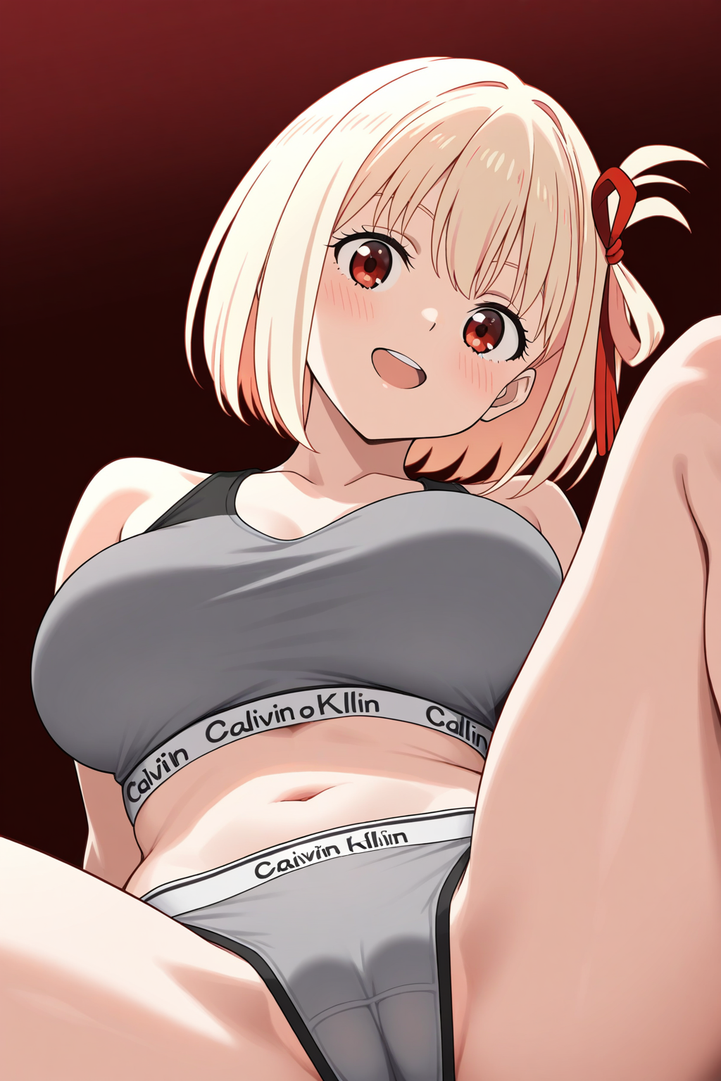 lycoris recoil, nishikigi chisato, 1girl, blonde hair, breasts, calvin klein, cameltoe, grey panties, grey sports bra, knee up, large breasts, looking at viewer, navel, open mouth, panties, reclining, red eyes, red ribbon, ribbon, short hair, simple background, sitting, smile, sports bra, spread legs, underwear, underwear only, masterpiece, best quality, great quality, very aesthetic, aesthetic, absurdres