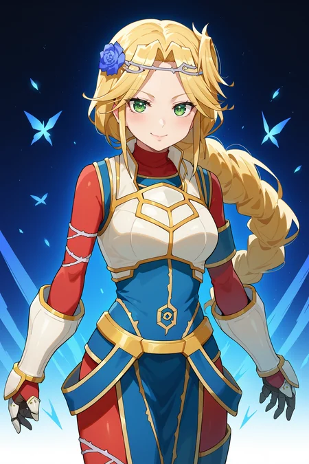score_9, score_8_up, score_7_up, source anime, prefect lighting, very aesthetic, BREAK,
<lora:lakyus_overlord_v1-pdv6:0.9>, 1girl, lakyus alvein dale aindra, overlord \(maruyama\), blonde hair, green eyes,
lakyusout1, braid, blue flower, hair flower, hair ornament, armor, gloves, gauntlets, white footwear, boots,
BREAK, blush, light smile, looking at viewer, cowboy shot,
BREAK,