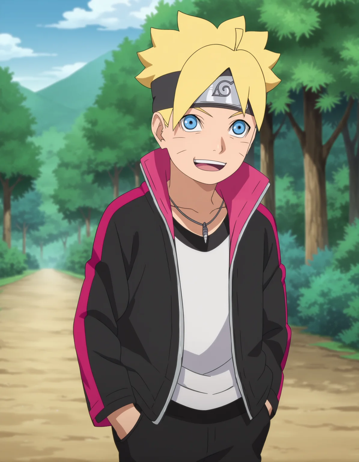 score_9, score_8_up, score_7_up, source_anime,anime screencap,anime coloring,
uncensored,
boruto, 1boy, blonde hair,facial mark,uzumaki boruto,whisker markings, male focus,blue eyes,
jacket,forehead protector,konohagakure symbol,headband,necklace,jewelry,jacket, shirt, black pants, bandages,
looking at viewer,smile, open mouth, happy,
standing, solo focus,
perfect anatomy,
scenery,outdoors,forest,
<lora:Boruto_Uzumaki_r1:1>