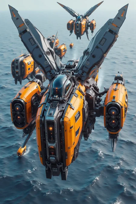YFG-Sm0rg, YFG-Zaat, High-detail 3D render, futuristic aircraft resembling a bee, sharp metallic wings, vibrant yellow and black colors, fleet of smaller robotic bees, sleek mechanical design, over the ocean, clear blue sky, realistic reflections, dynamic composition, aggressive posture, high-tech appearance, intricate details, photo-realistic textures, dramatic lighting, ocean waves below, swarm formation, sharp shadows, vibrant colors, intense scene, technological theme, menacing atmosphere, sharp lines.
