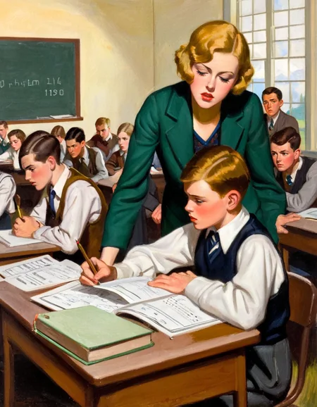 LThrasher painting depicting rural school classroom where a boy looking over at the answers of the student sitting to his left, A teacher is standing behind him with a frown on her face. set in a  depression era rural school in the 1930s.<lora:LThrasher1-000002:1>