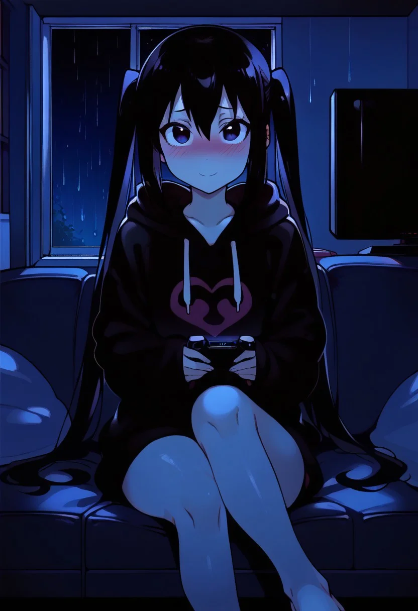 score_9, score_7_up BREAK 1girl, azusa nakano, black hair, twintails, simple eyes, black eyes, black hoodie, loose hoodie, oversized hoodie, long sleeves, sleeves over hands, television, tv, tv light, perfect legs, full face blush, barefoot, indoors, night, couch, sitting on couch, nervous smile, looking at viewer, raining outside, rain on window, apartment, legs crossed
