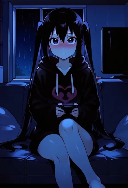 score_9, score_7_up BREAK 1girl, azusa nakano, black hair, twintails, simple eyes, black eyes, black hoodie, loose hoodie, oversized hoodie, long sleeves, sleeves over hands, television, tv, tv light, perfect legs, full face blush, barefoot, indoors, night, couch, sitting on couch, nervous smile, looking at viewer, raining outside, rain on window, apartment, legs crossed