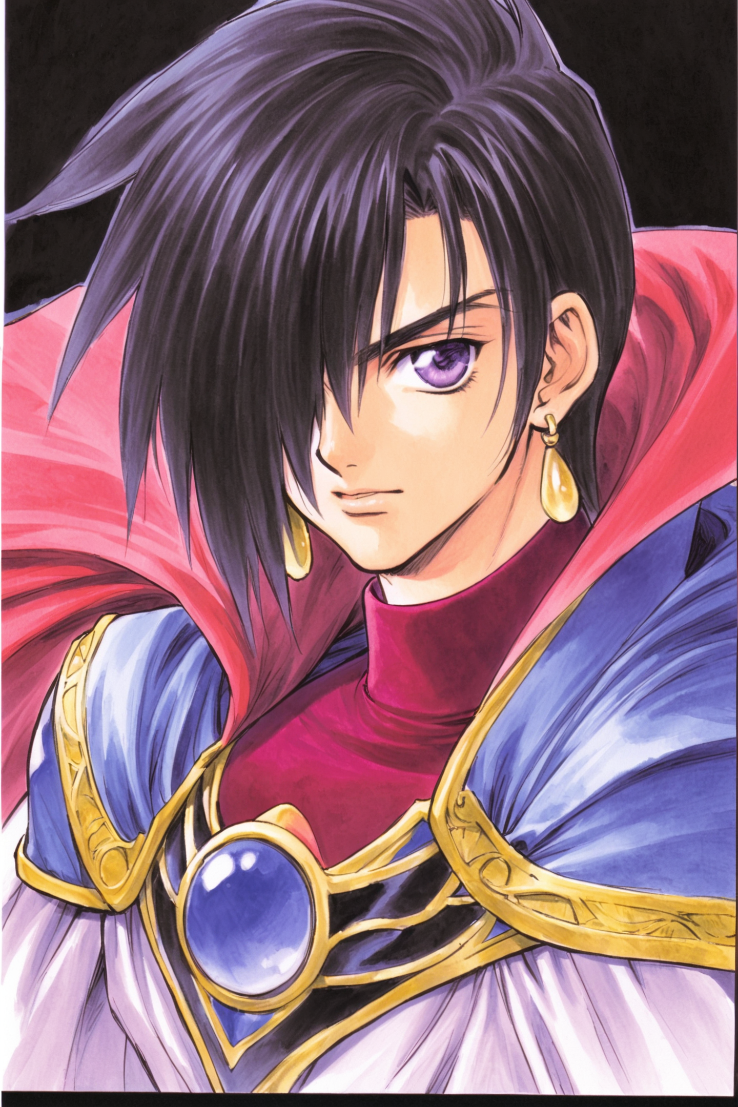 Lion Magnus(Tales of Destiny),solo,1boy,male focus,black hair,jewelry,earrings,purple eyes,cape,white background,traditional media,simple background,1990s (style),watercolor (medium),one eye covered,
<lora:Inomata Mutsumi_XL:0.8>,