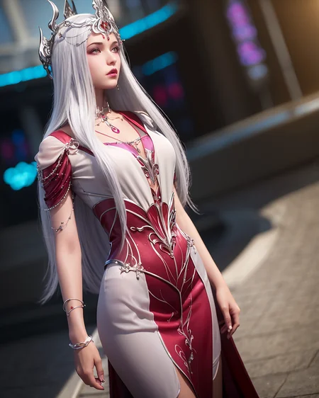 1girl, breasts, depth of field, dress, long hair, looking at viewer, medium breasts,solo, very long hair, white hair