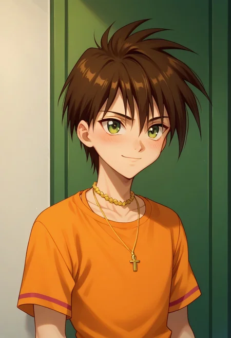 score_9, score_8_up, score_7_up, source_anime, highly detailed,
kaoru, solo, green eyes, brown hair, short hair, necklace, jewelry, necklace, 1boy, shirt,
orange shirt, blush, light smile,
indoor, japan,