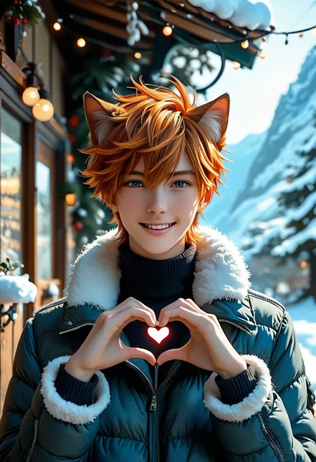 score_9, score_8_up, score_7_up, source_name, masterpiece, uncensored, illustration, extremely detailed, candid, anime, yaoi, handsome, skinny, fit, portrait, solo, athletic, slender, cat boy, winter jackets, smile, heart-shaped hands, heart-shaped background, winter, snow, cold, mountains, orange hair, animal ears, wagging tail, concentration on a man, before the end, a giggle, best quality, stunning quality, very aesthetic, absurd, latest, animated screencap, looking at the viewer, depth of field, detailed background, 8k, preview, sunny day, sunny place, bright daylight