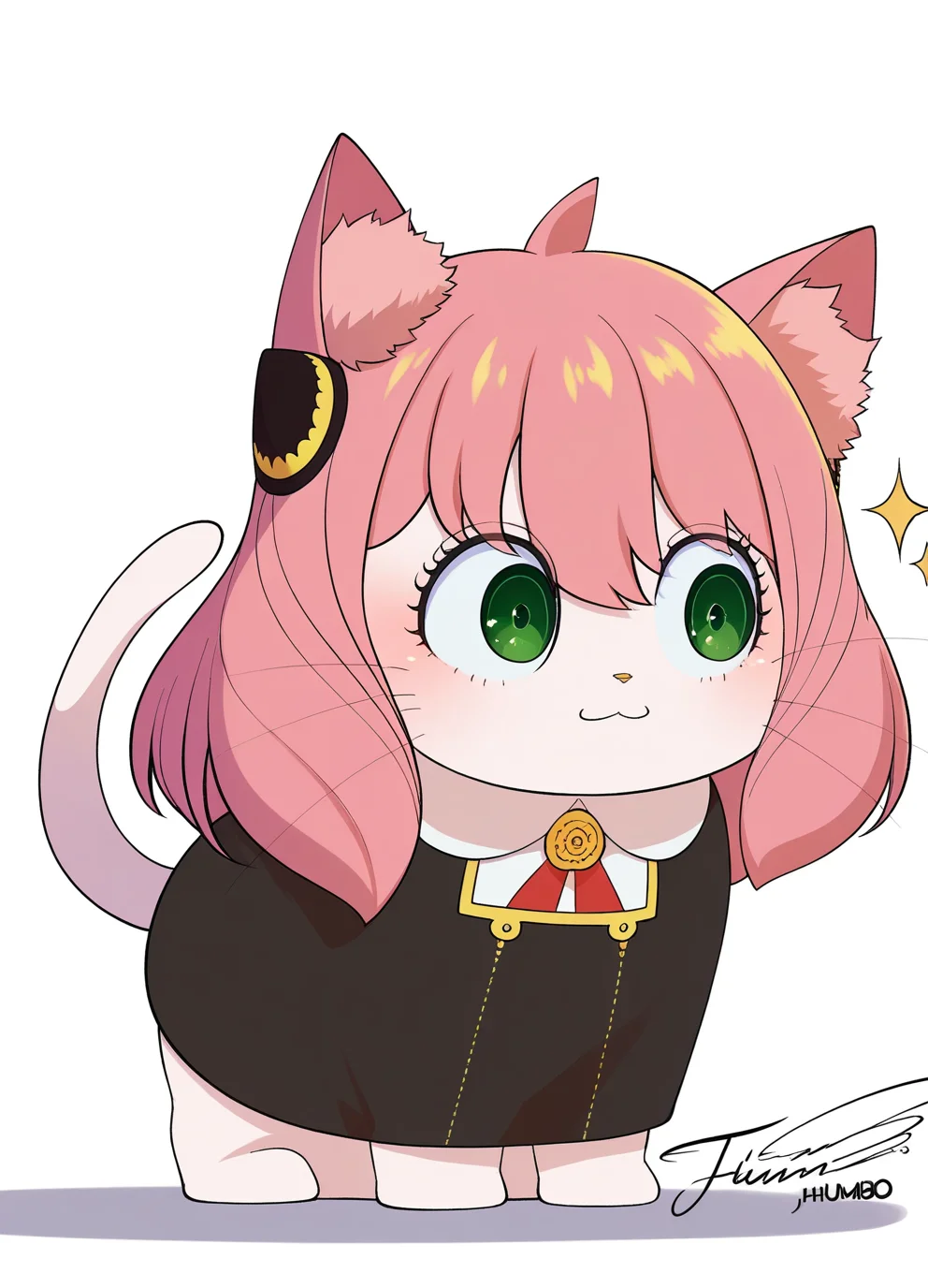 <lora:bohumboILLUS:1> bohumbo,
(masterpiece), (best quality), (ultra-detailed), amazing quality, very aesthetic, illustration, perfect composition, intricate details, absurdres, incredibly absurdres, shiny skin, realistic,
dynamic pose, perspective, bohumbo, anya (spy x family), green eyes, animal ears, pink hair, eden academy school uniform, white background, 1girl, whiskers, simple background, :3, hairpods, sparkle, animal ear fluff, tail, ahoge, cat, black dress, child, animalization, signature