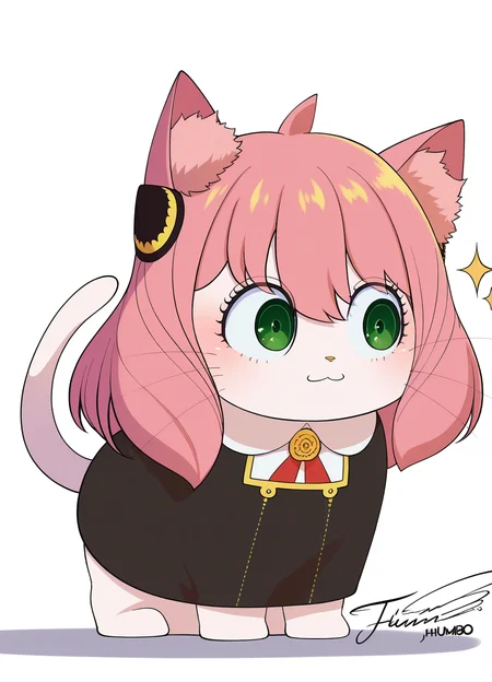 <lora:bohumboILLUS:1> bohumbo,
(masterpiece), (best quality), (ultra-detailed), amazing quality, very aesthetic, illustration, perfect composition, intricate details, absurdres, incredibly absurdres, shiny skin, realistic,
dynamic pose, perspective, bohumbo, anya (spy x family), green eyes, animal ears, pink hair, eden academy school uniform, white background, 1girl, whiskers, simple background, :3, hairpods, sparkle, animal ear fluff, tail, ahoge, cat, black dress, child, animalization, signature