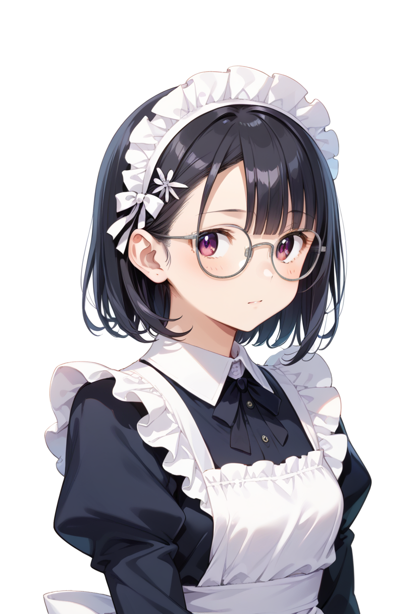 score_9, score_8_up, score_7_up, rating_safe, masterpiece, best quality, absurdres, unity 8k wallpaper, official art, official style, source_anime, uncensored, game cg, megami magazine,
1girl, solo, black hair, medium hair, upper body, covered eyes,maid, maid headdress, black dress, maid apron,
g-boston19A, glasses, simple background, white background, silver-framed eyewear,
<lora:glasses_boston19A_PONY_V1:1>