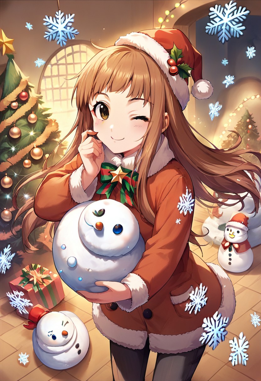 score_9, score_8_up, score_7_up, source_anime,ichihara nina, long hair, brown hair, brown eyes,, snowman, one eye closed, mini hat, christmas, hat, christmas tree, snowflakes