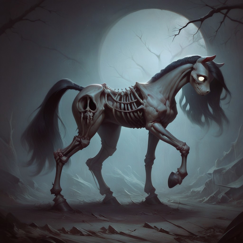 score_9, score_8_up, score_7_up, score_6_up, score_5_up, score_4_up, my little pony, ((feral pony)), side view, perfect side view, profile, short body, standing, solo, mare, static, female pony, long hair, straight hair, black hair, mare, short, short body, petite build, (long legs), wide hips, big hips, (no humans), zkeleton, skeleton, (horse skeleton), highly detailed, ghost, highly detailed, just bones, no flesh, graves, (cementery), detailed background, night, no face, exposed skull,