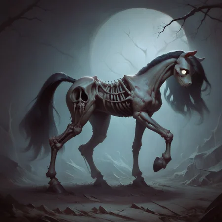 score_9, score_8_up, score_7_up, score_6_up, score_5_up, score_4_up, my little pony, ((feral pony)), side view, perfect side view, profile, short body, standing, solo, mare, static, female pony, long hair, straight hair, black hair, mare, short, short body, petite build, (long legs), wide hips, big hips, (no humans), zkeleton, skeleton, (horse skeleton), highly detailed, ghost, highly detailed, just bones, no flesh, graves, (cementery), detailed background, night, no face, exposed skull,
