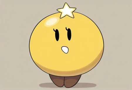 masterpiece, best quality, solo, full body, starlow, round body, yellow body, black eyes, solid oval eyes, eyelash, star above head, brown feet, star \(symbol\), white mouth, two feet, no hands, no arms,