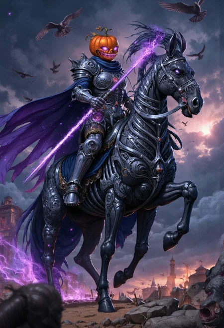 Masterpiece, a dramatic and intense scene set against a backdrop of a dark, stormy sky with ominous clouds. An undead knight with a halloween pumpkin head, clad in elaborate, ghotic, ornate armor, sits atop a majestic and eeire, skeleton horse adorned with intricate metalwork. The knight's eyes glow in purple a purple light. The rider's posture is one of readiness and determination. The scene is filled with a sense of foreboding and tension, with birds flying around the knight, adding to the overall atmosphere of chaos and impending conflict. High-res, semi realistic, best quality, intricate details, ultra details, good lighting, vibrant colors, very detailed, octane render, ray tracing, mythp0rt